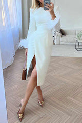 Ultimate Elegance Feather Trim Sleeve Slit Midi Dress