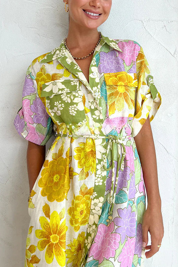 Travel Effortlessly Linen Blend Floral Patchwork Shirt Midi Dress