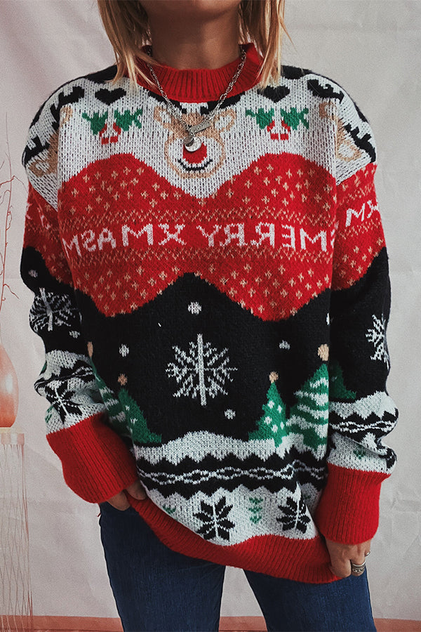 Christmas Pattern Knitted Crew Neck Long Sleeved Sweater