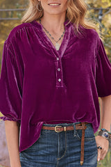 Literary Retro Lantern Sleeve Velvet Button Pullover Shirt