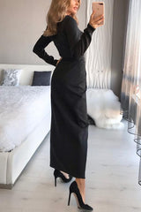 Troy Wrap Long Sleeve Collarless Maxi Dress