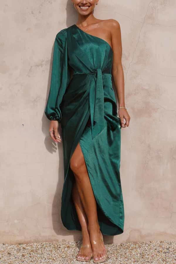 Endearing Romance Satin One Shoulder Front Tie Up Slit Maxi Dress