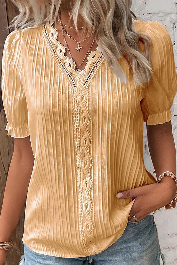 V Neck Solid Color Hollow Lace Shirt