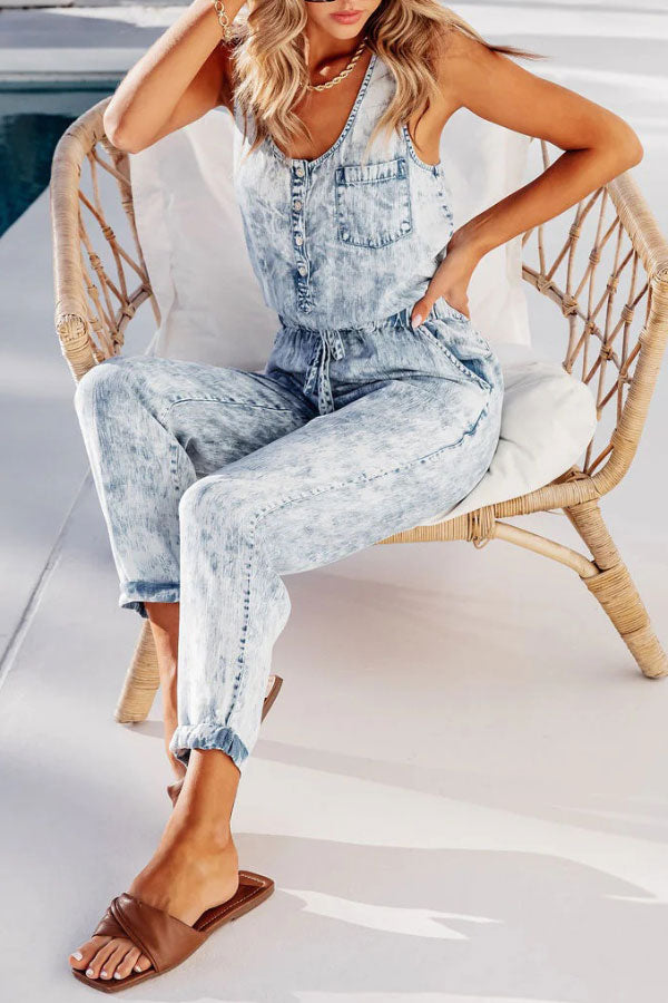 Casual Washed Waist Belt Denim Jumpsuit