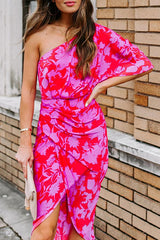 One Shoulder Floral Drape Party Dress