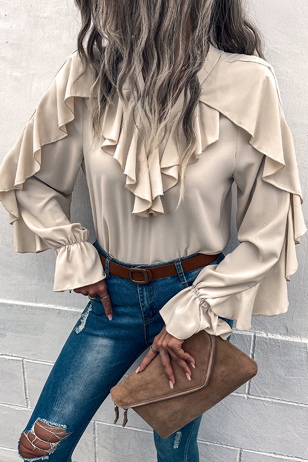 Ruffled Sleeve V Neck Button Down Commuter Shirt