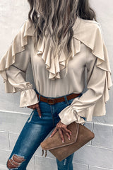 Ruffled Sleeve V Neck Button Down Commuter Shirt