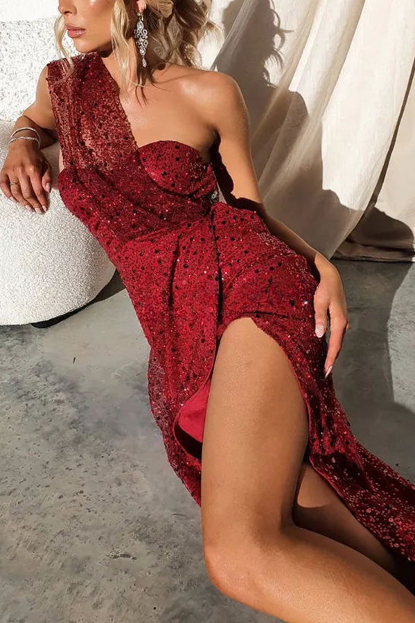 Sights on You Sequin One Shoulder Slit Party Maxi Dress