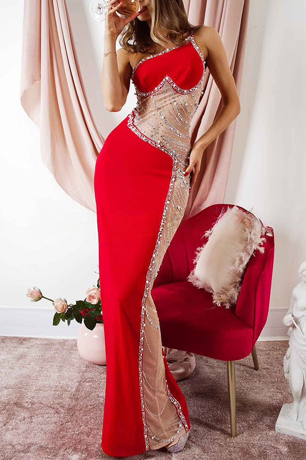 Forever Shining Heart Shaped Rhinestone Straps Mesh See Through Maxi Dress