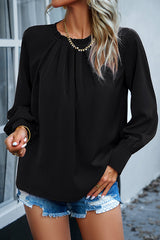 Elegant Round Neck Pleated Long Sleeve Solid Color Top