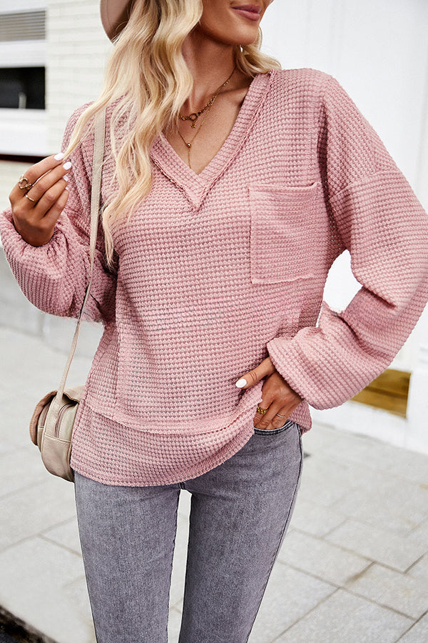 Snao V Neck Knitted Patchwork Pocket Long Sleeve Top