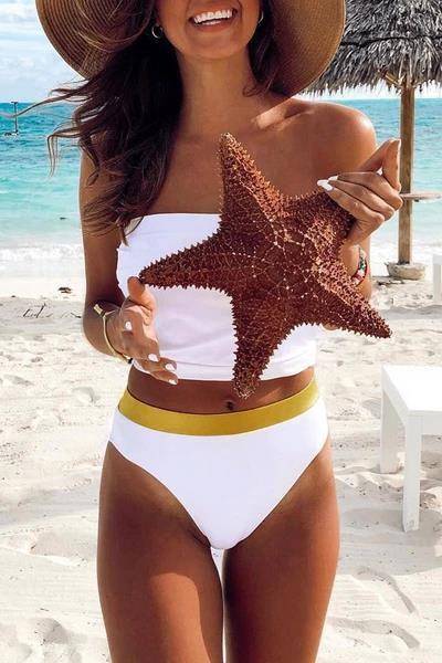 Off Shoulder Color Block Two-piece Swimsuit