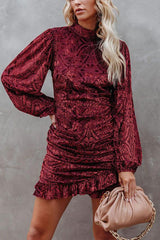 Velvet Burnt Flower Ruffled Irregular Dress