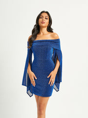 Off Shoulder Glitter Blue Mini Party Dress RHP59
