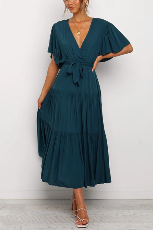 Elegant Flared Sleeve Tie Midi Dress