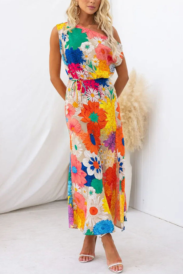 Happiness Always Floral Print Asymmetric Neck Elastic Waist Party Maxi Dress