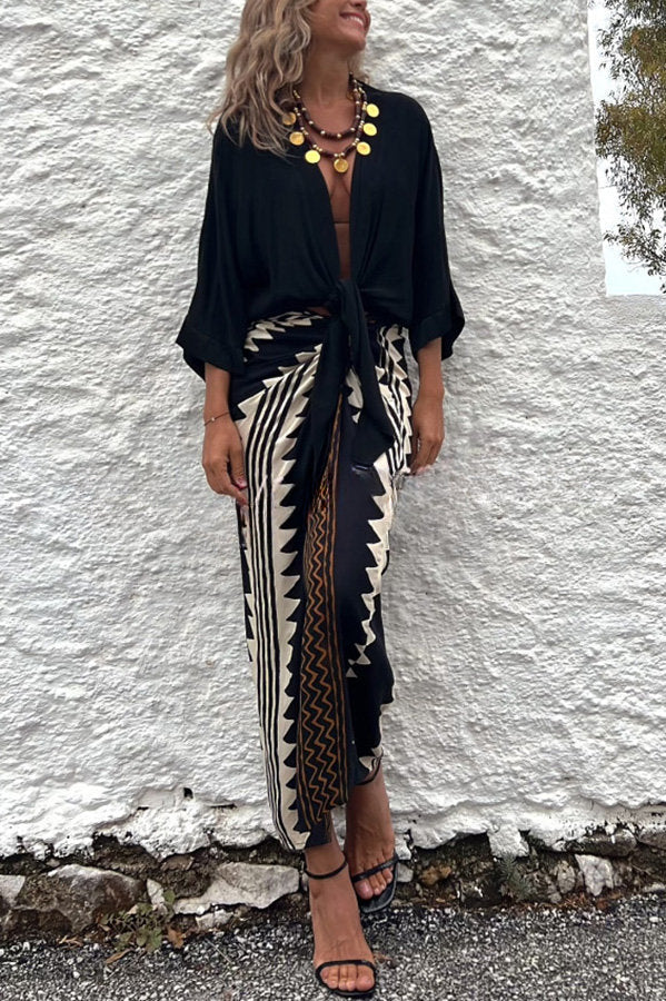 Astra Ethnic Print High Waist Ruched Wrap Maxi Skirt