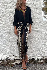 Astra Ethnic Print High Waist Ruched Wrap Maxi Skirt