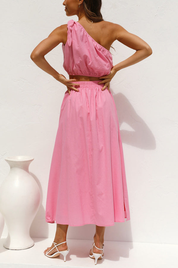 Chasing Sunshine Tie One Shoulder Pocketed Midi Skirt Set