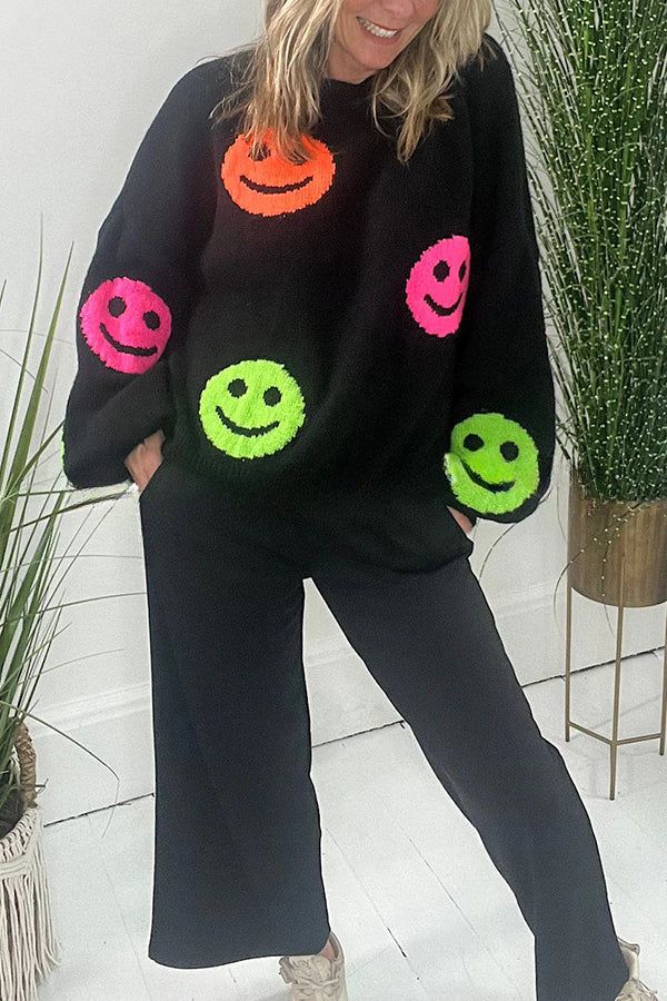 Smiley Face Knit Dropped Shoulders Loose Pullover Sweater