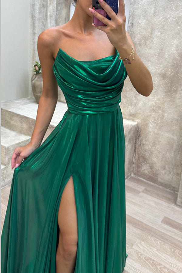 Golden Years Satin Cowl Neck Off Shoulder Pleated Drape Slit Maxi Dress