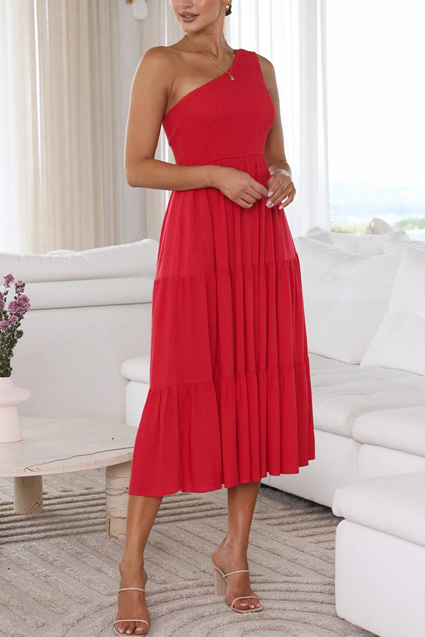 Simply Charmed Pocketed Smocked One Shoulder Tiered Midi Dress