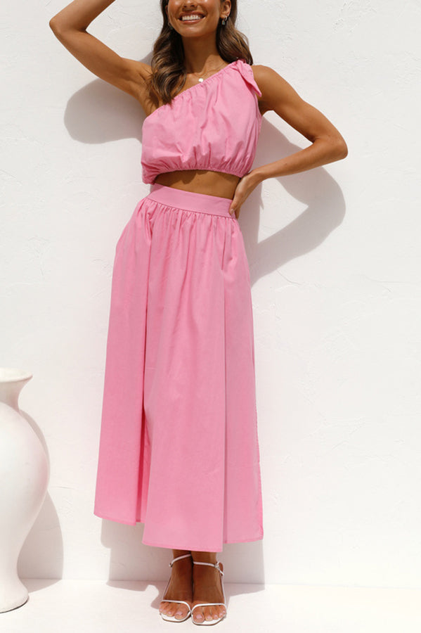 Chasing Sunshine Tie One Shoulder Pocketed Midi Skirt Set