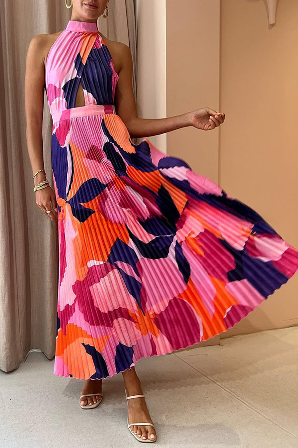 Romantic One Capri Print Halter Neck Pleated Maxi Dress