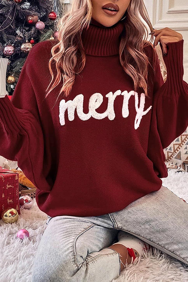 Happy Holidays Contrast Monogram Turtleneck Dolman Sleeve Sweater