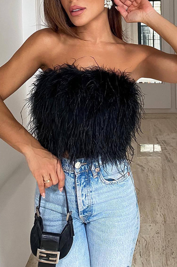 Fancy Night Out Off Shoulder Feather Crop Top