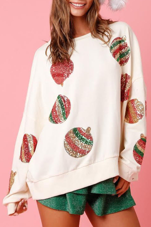 Round Neck Long Sleeve Sequin Patchwork Christmas Sweatshirt