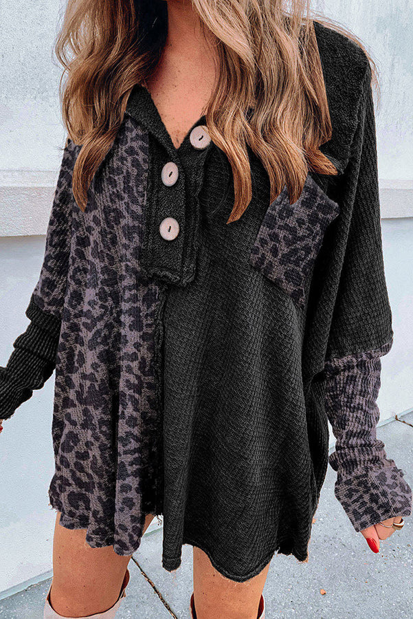 Waffle Leopard Pullover Button Pocket Shirt