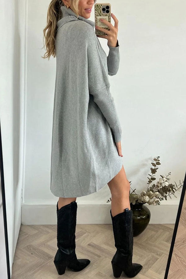 Perfect  Winter Walks Knit Turtleneck High-low Hem Loose Midi Sweater