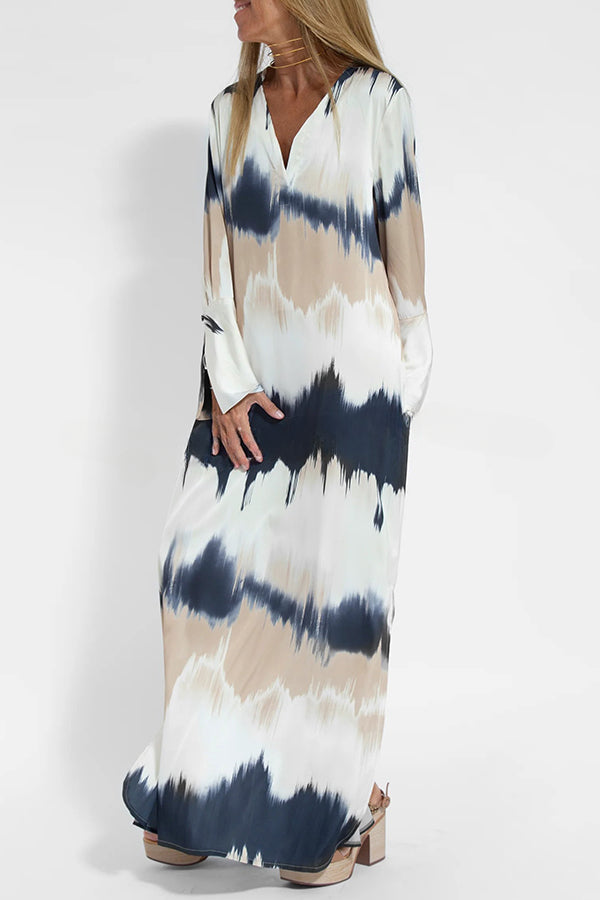 Tie Dye V Neck Pullover Long Sleeve Maxi Dress