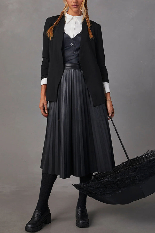 Elevated Classic Faux Leather High Waist Pleated Midi Skirt