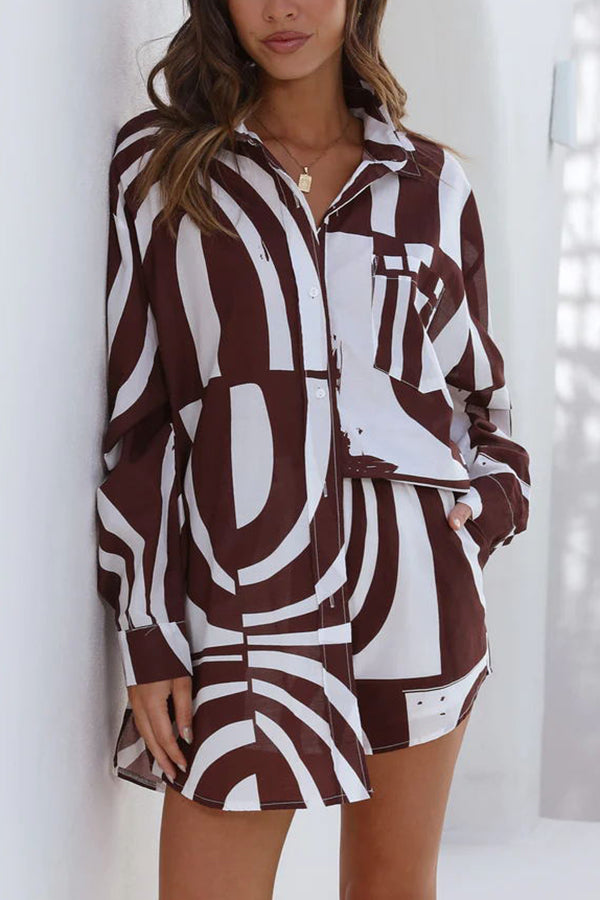 Boyfriend Style Printed Oversized Button Pocketed Shirt and Elastic Waist Shorts Set