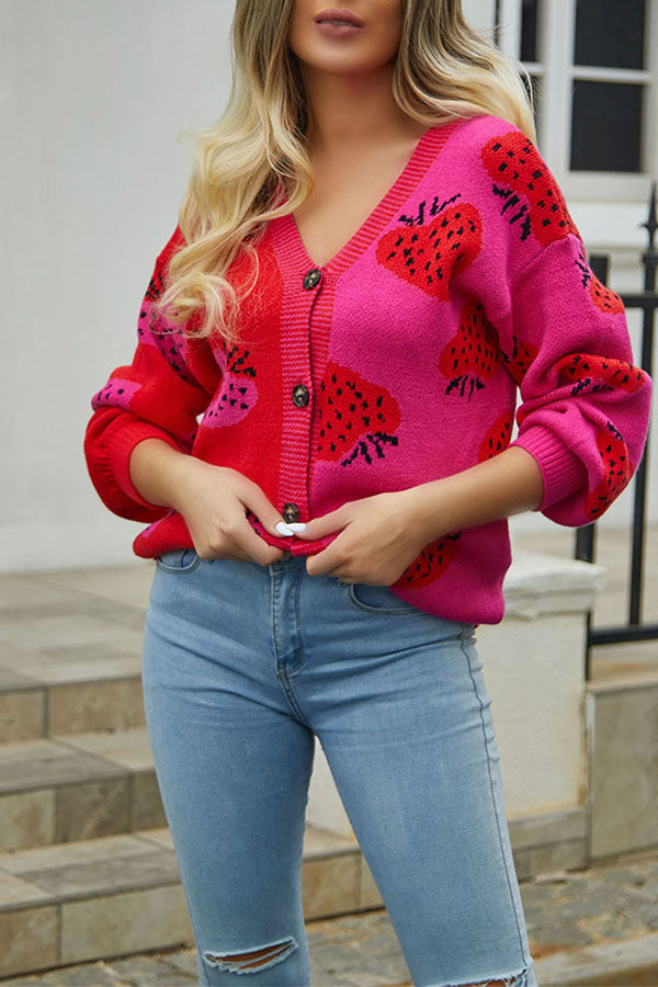 V Neck Button Down Strawberry Pattern Cardigan