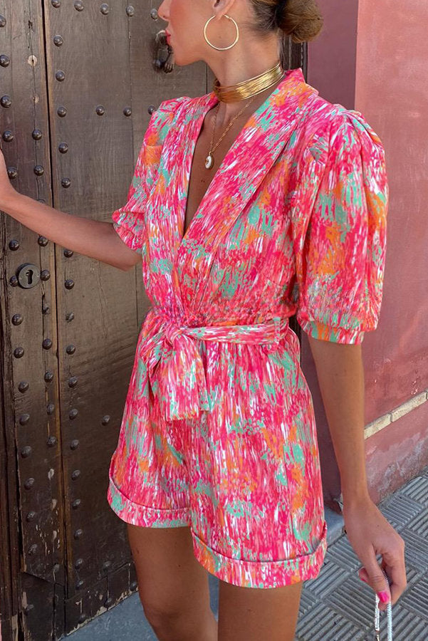 Joyful Smiles Printed Puff Sleeve Lapel Belted Romper