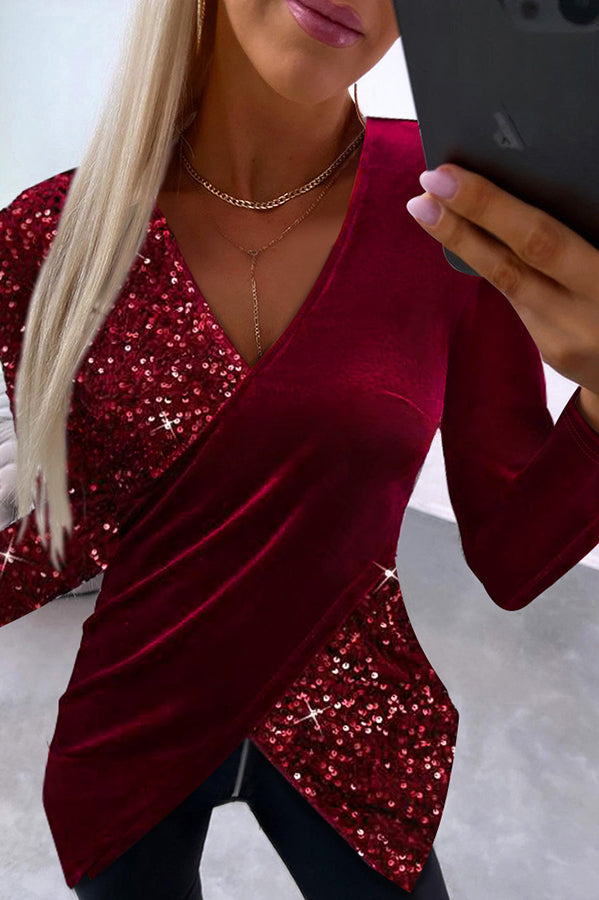 Contrast Sequined Velvet Paneled Long Sleeved Top