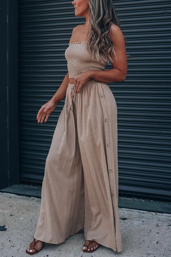 Coast To Coast Smocked Top Button Wide Leg Pants Suit