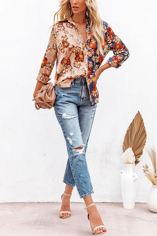 Floral Insight Two Tone Satin Button Down Blouse