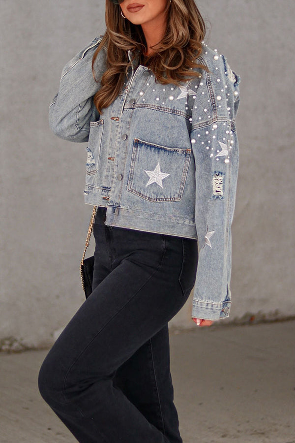 North Star Embellished Beaded Pocketed  Denim Jacket