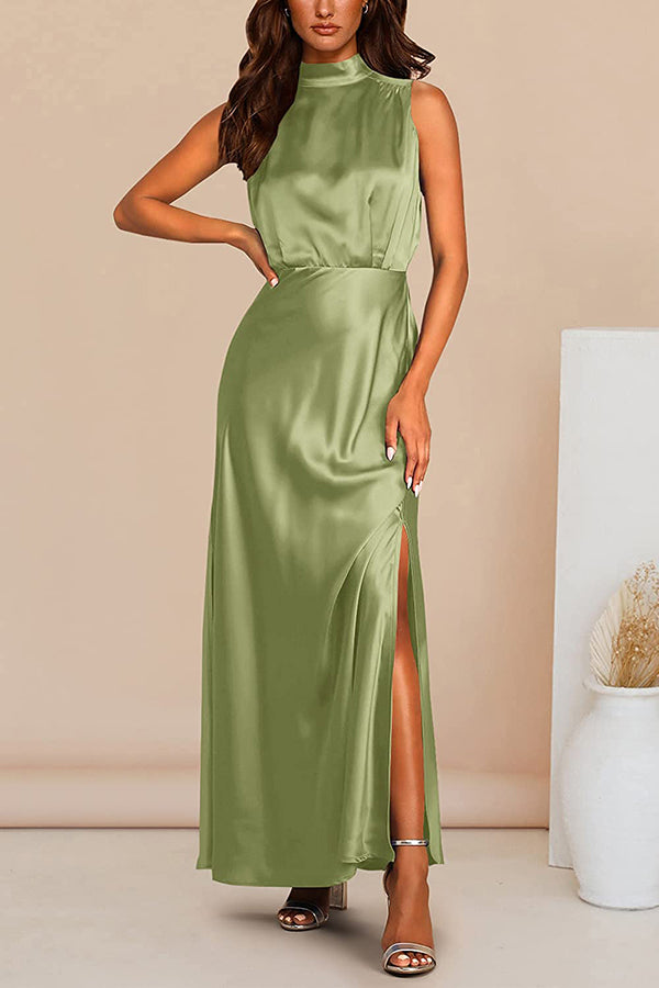 The Story of Us Satin High Neck Slit Maxi Dress