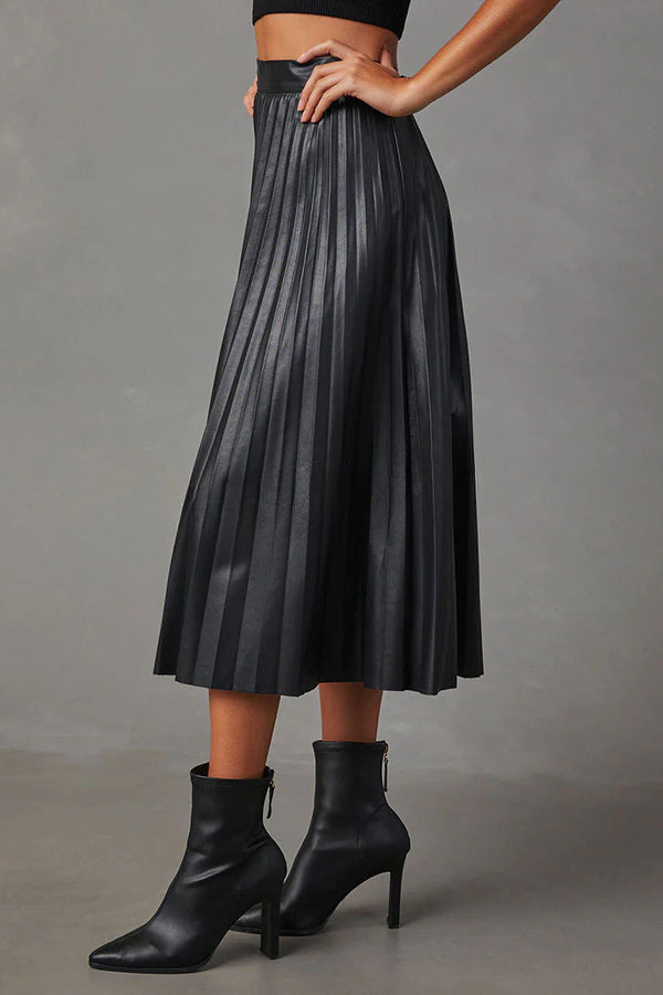 Elevated Classic Faux Leather High Waist Pleated Midi Skirt