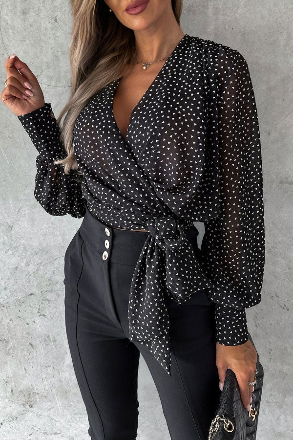 Sexy V-neck Print Tie Blouse