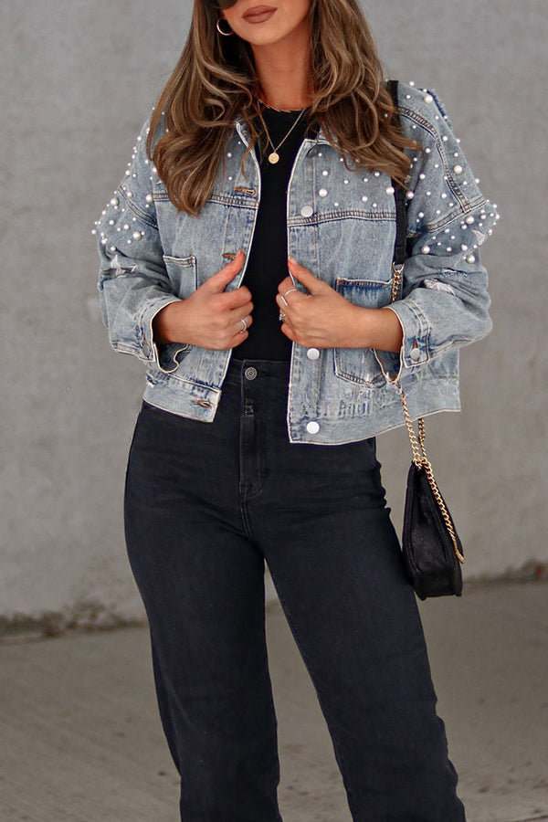 North Star Embellished Beaded Pocketed  Denim Jacket