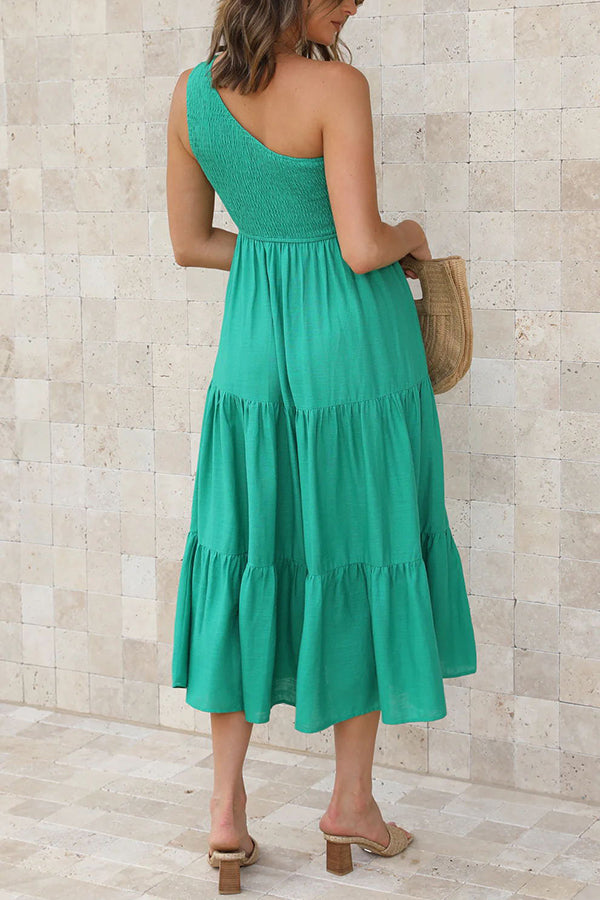 Simply Charmed Pocketed Smocked One Shoulder Tiered Midi Dress