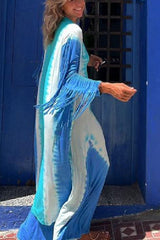 Song of The Vagabond Tie-dye Print Open Front Tassel Duster Cover-up