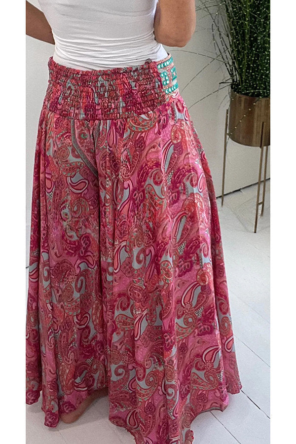 Ethnic Paisley Print Elastic Patchwork Waist Pocketed Lightweight Pants