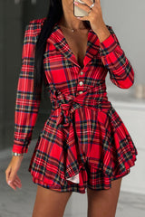 Atelier Plaid Print Tie Waist Long Sleeve Ruffle Hem Shirt Romper